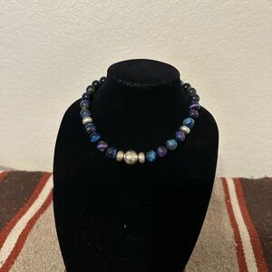 Hand Crafted Blue Galaxy Tiger Eye Beaded Necklace with Sterling Silver Beads